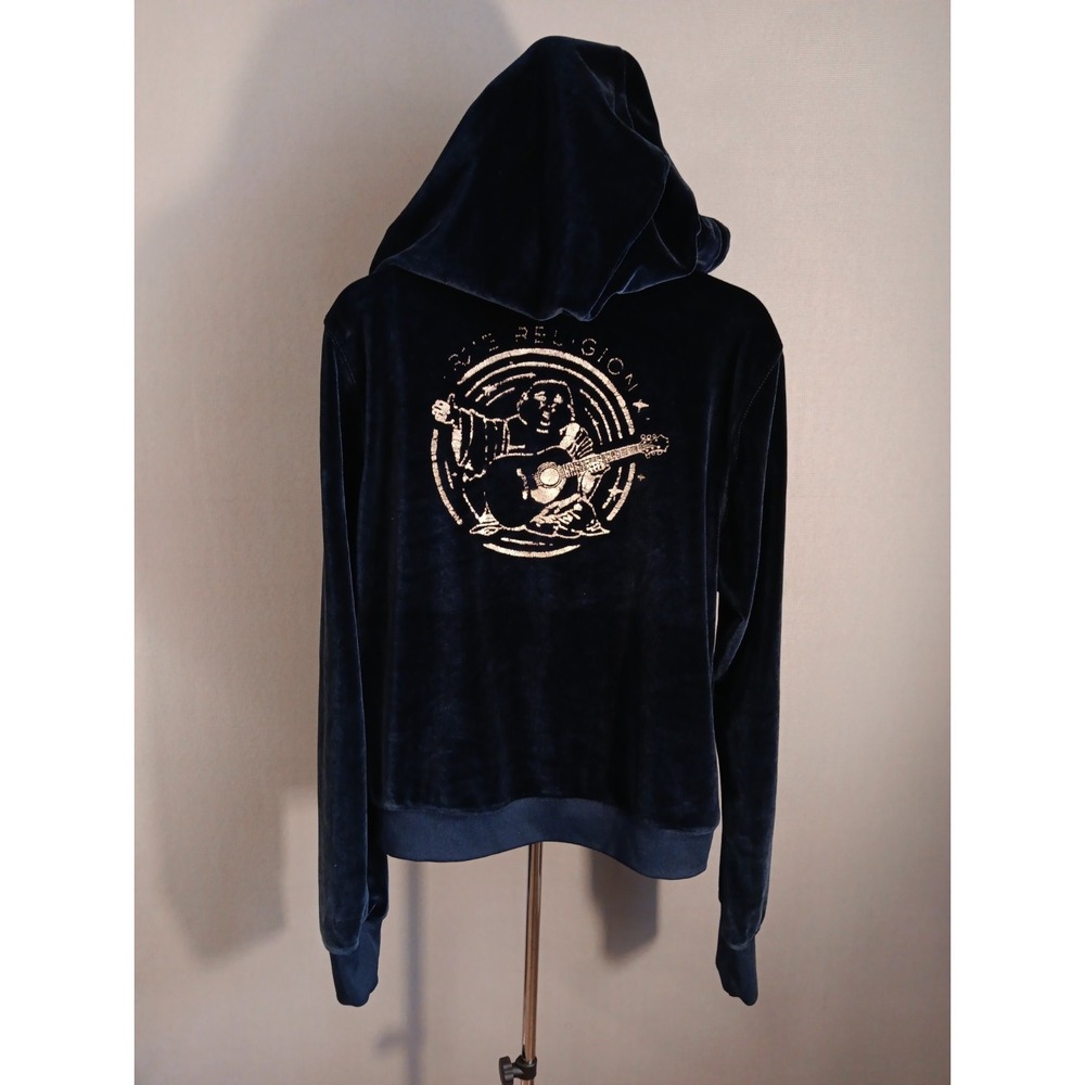 True Religion Navy Velvet Zip Up Hoodie Buddha Guitar Gold Print Distressed Sz L